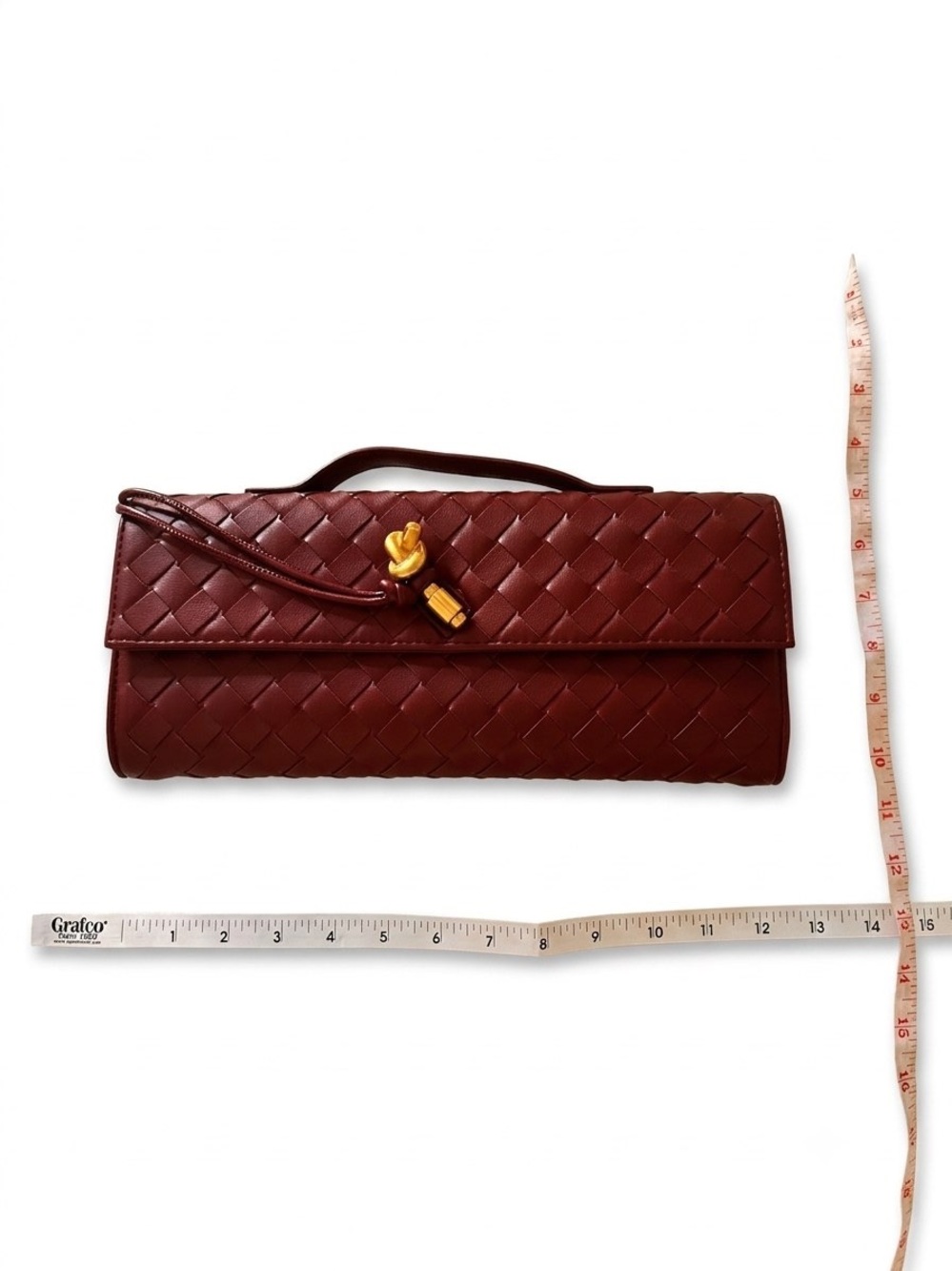Woven Leather Clutch Wristlet in Bordeaux with Gold Knot Accent